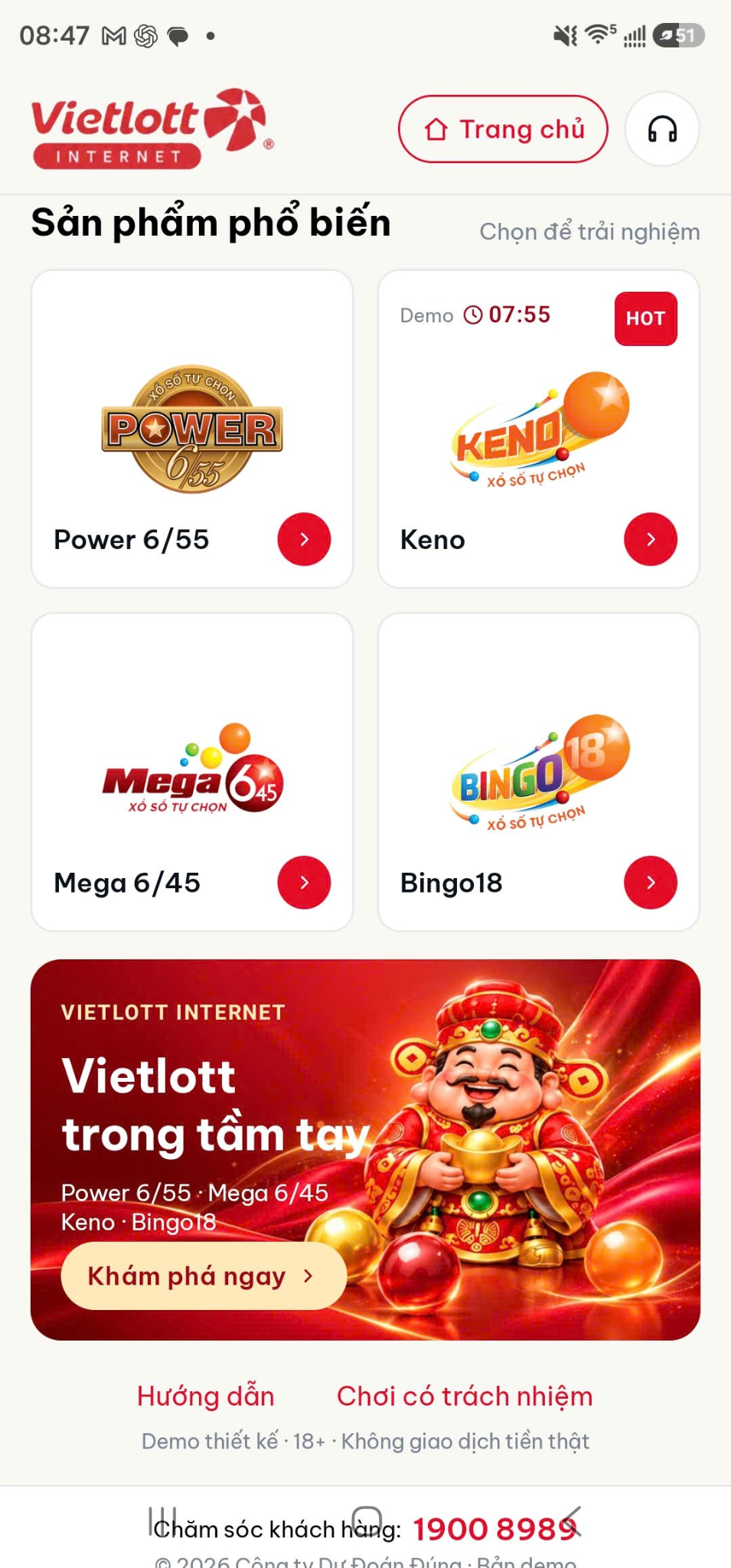 Giao diện trang chủ Vietlott Internet do khách hàng cung cấp